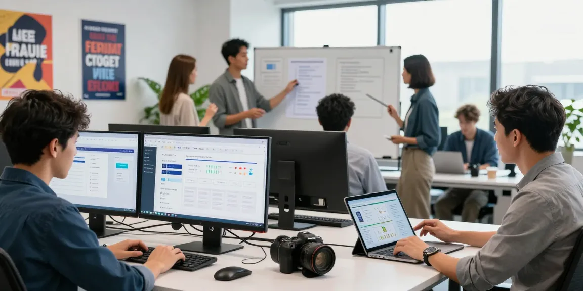 Team collaborating on AI productivity tools in a modern workspace, showcasing advanced technology and teamwork.