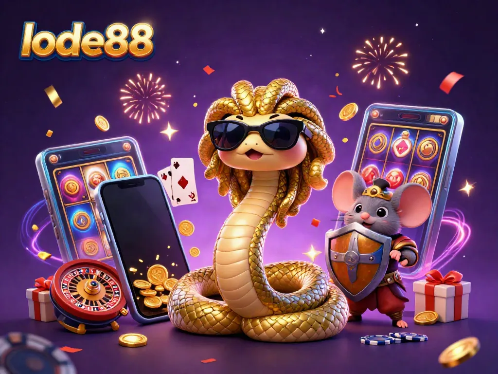 Play vibrant slots with lode88's cute Medusa and stone-shield warrior in an exciting casino scene.