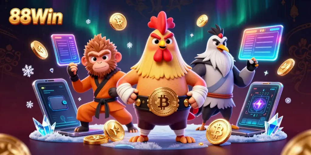 Experience the action at 88Win with a fierce rooster champion, a Shaolin monkey, and a wise crane surrounded by vibrant crypto elements.
