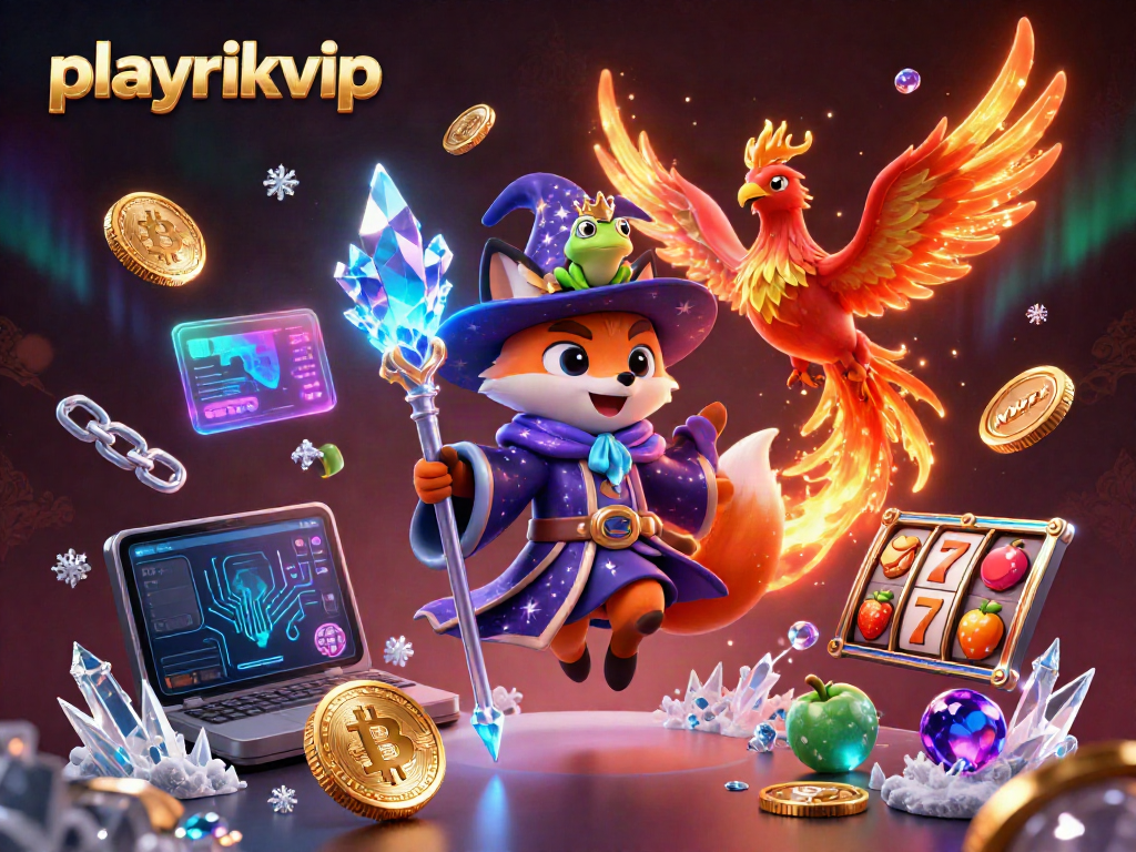 Experience thrilling slots at playrikvip with a mystical fox and a fiery phoenix in a vibrant casino scene.