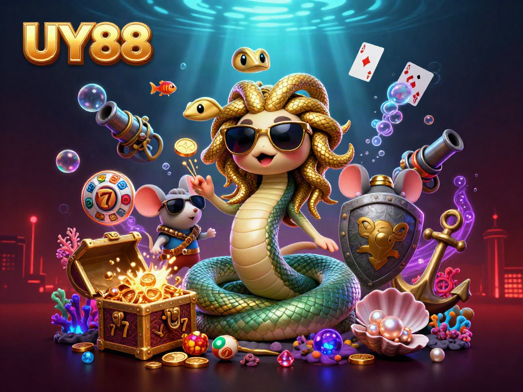Engage with thrilling UY88 slots amidst a vibrant casino atmosphere with playful characters.