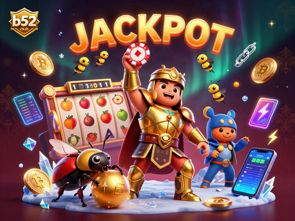 b52club offers a thrilling jackpot hunt with cartoon beetles celebrating wins, surrounded by vibrant slot symbols, fruits, and crypto coins.