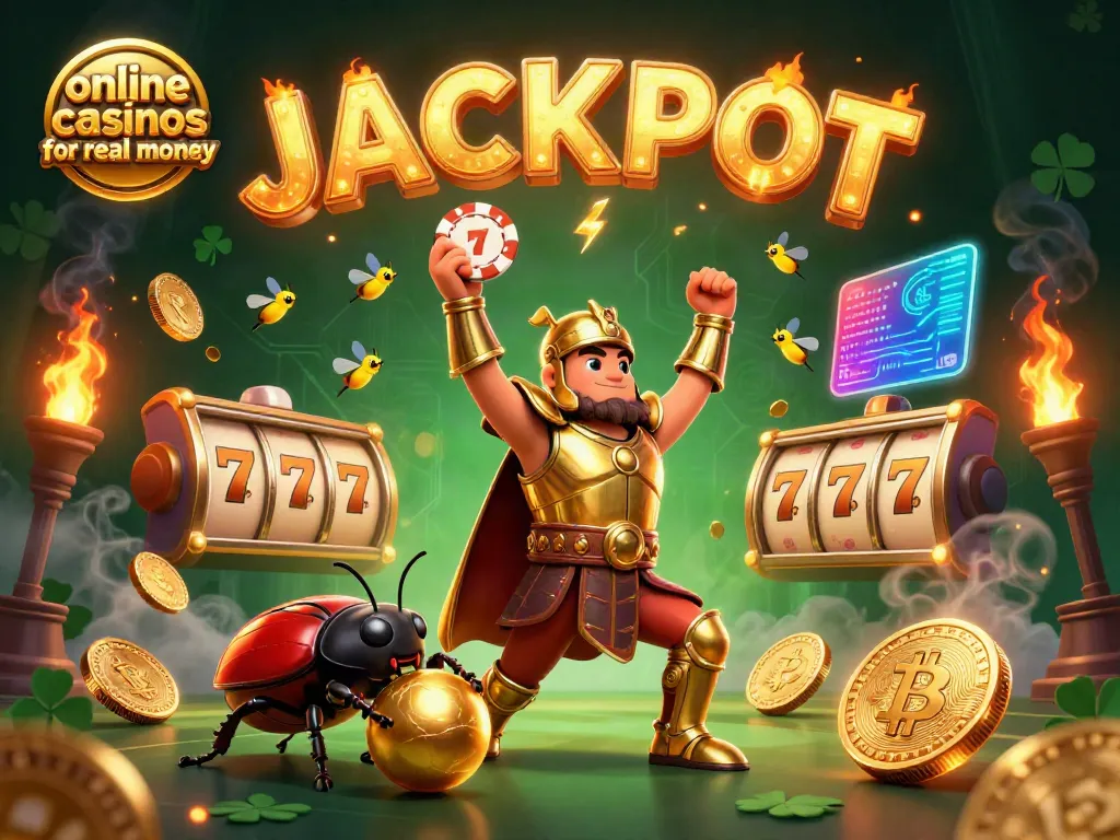 Celebrate wins at online casinos for real money with a victorious beetle duo and jackpot scenes.