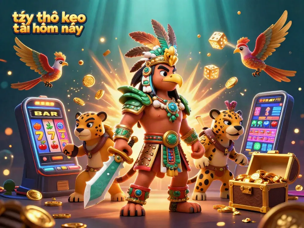Tỷ lệ kèo nhà cái hôm nay showcased with 3D Aztec warriors amidst dynamic casino jackpots.