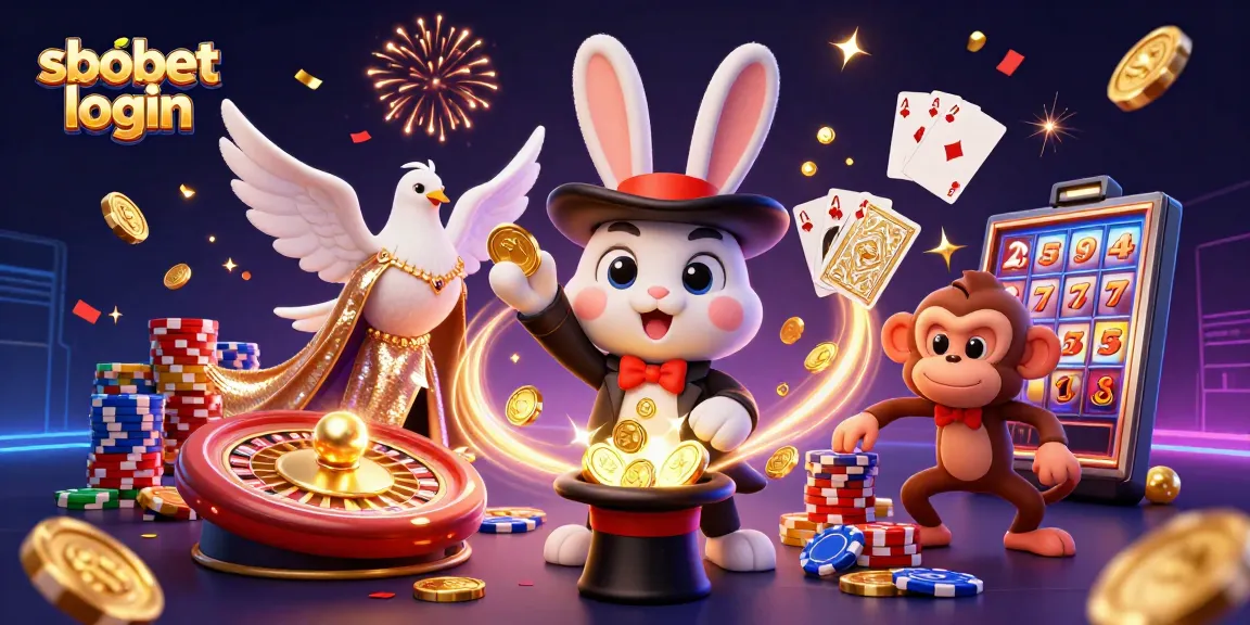 Experience sbobet login with excitement as a magical rabbit casts golden coins in a vibrant casino scene.
