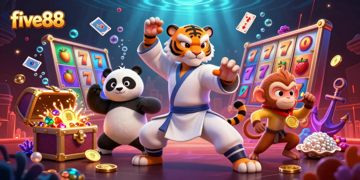 Engage with five88's thrilling animated scene of luck, slots, and fun elements in a vibrant casino world.