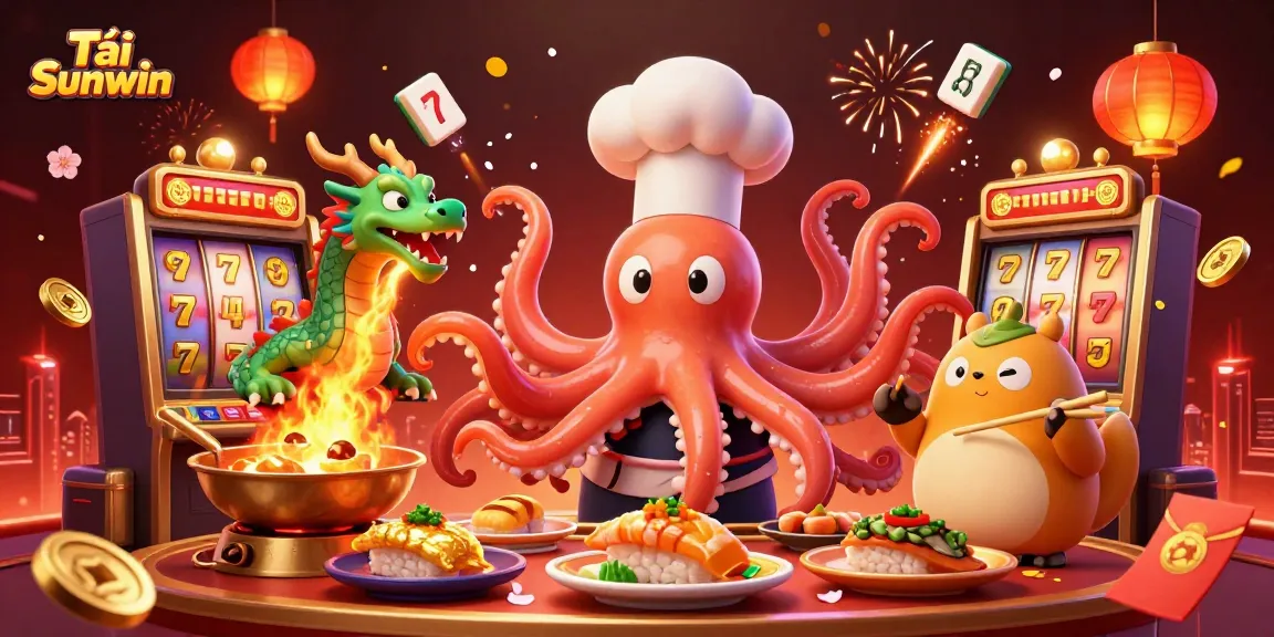Tải Sunwin and win big with immersive, lively casino action featuring a sushi chef octopus and dragon.