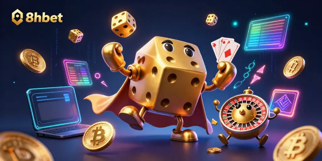 Engage with the thrilling world of 8xbet through a dynamic casino scene featuring a playful golden dice golem.