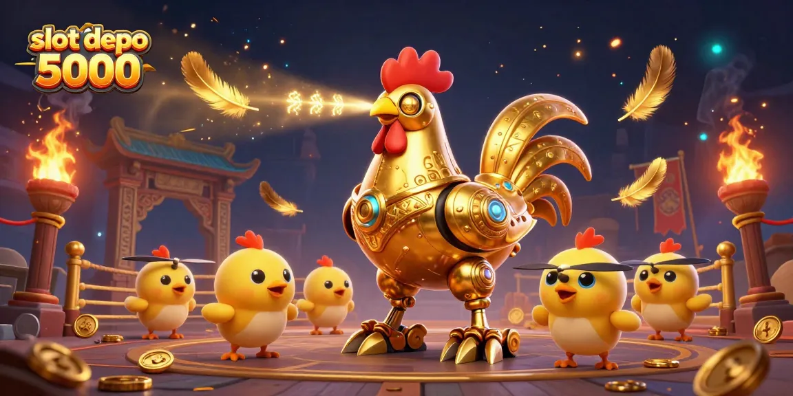 Engage in thrilling action with slot depo 5000 as the golden rooster robot leads a flock of baby chick drones in a vibrant casino scene.