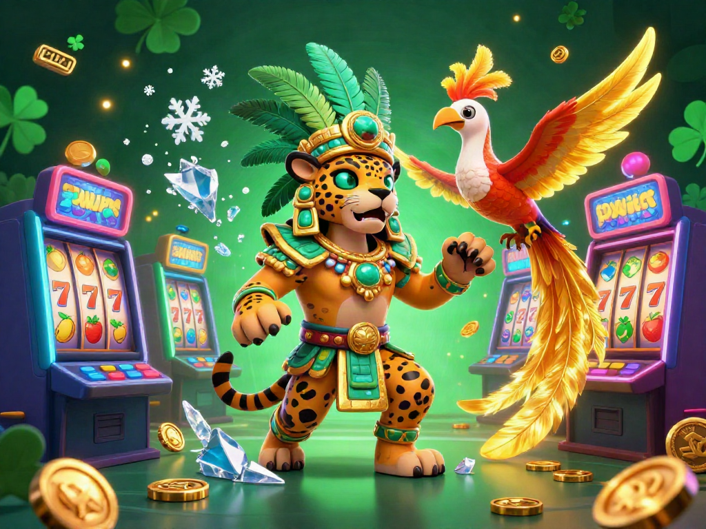 Play and win with Zowin’s vibrant casino illustration featuring a Mayan jaguar priest and colorful slot machines.