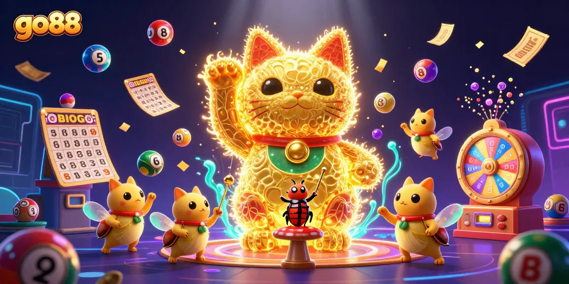 Join the excitement at go88, where golden fireflies create a lucky cat amidst vibrant casino symbols.