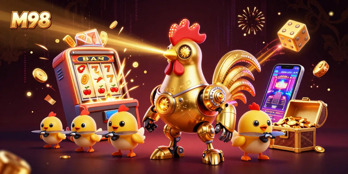 M98 delights with an exciting casino experience featuring a golden rooster robot surrounded by vibrant slot elements.