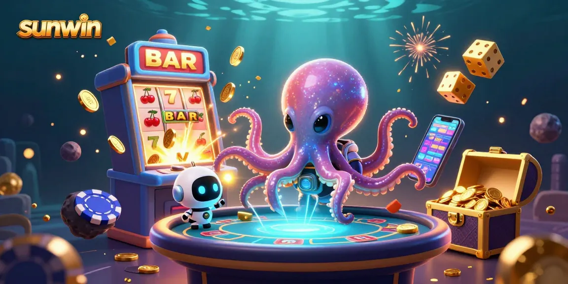 Experience thrilling gameplay at Sunwin with a vibrant casino scene featuring an alien octopus, poker table, and jackpot explosion.