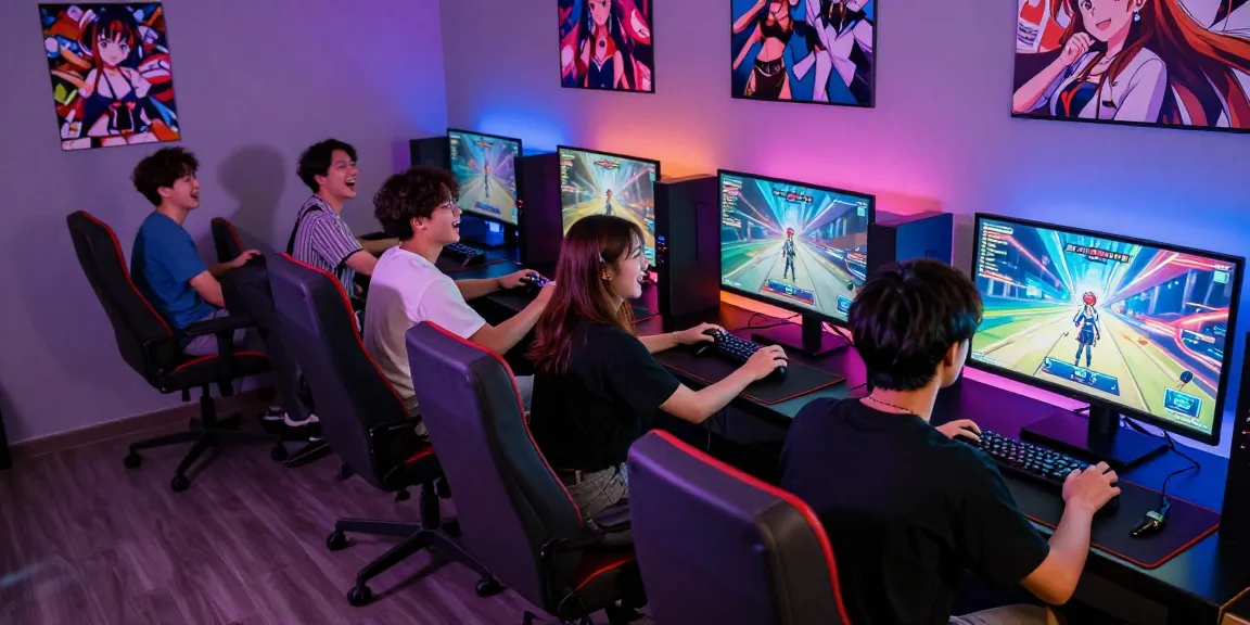 Engaging scene of friends enjoying an ecchi game in a vibrant gaming setup, showcasing lively interactions.