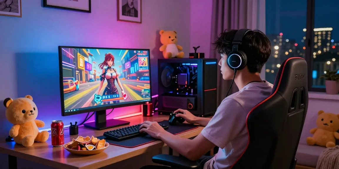 Gamer playing an interactive hentai game in a cozy room setting with vibrant lighting.