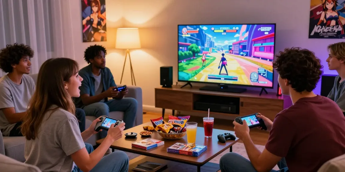 Group enjoying ecchi games in a cozy living room with snacks and colorful game cases.