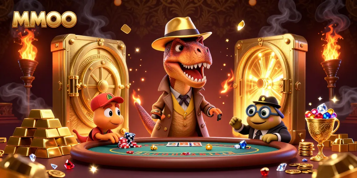 MMOO velociraptor card counter amid a thrilling casino scene with gold treasures and excitement.