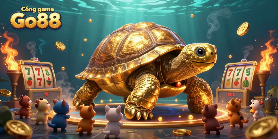 Experience thrilling gameplay at Cổng game Go88 with an exciting scene featuring a golden tortoise and slot game elements.