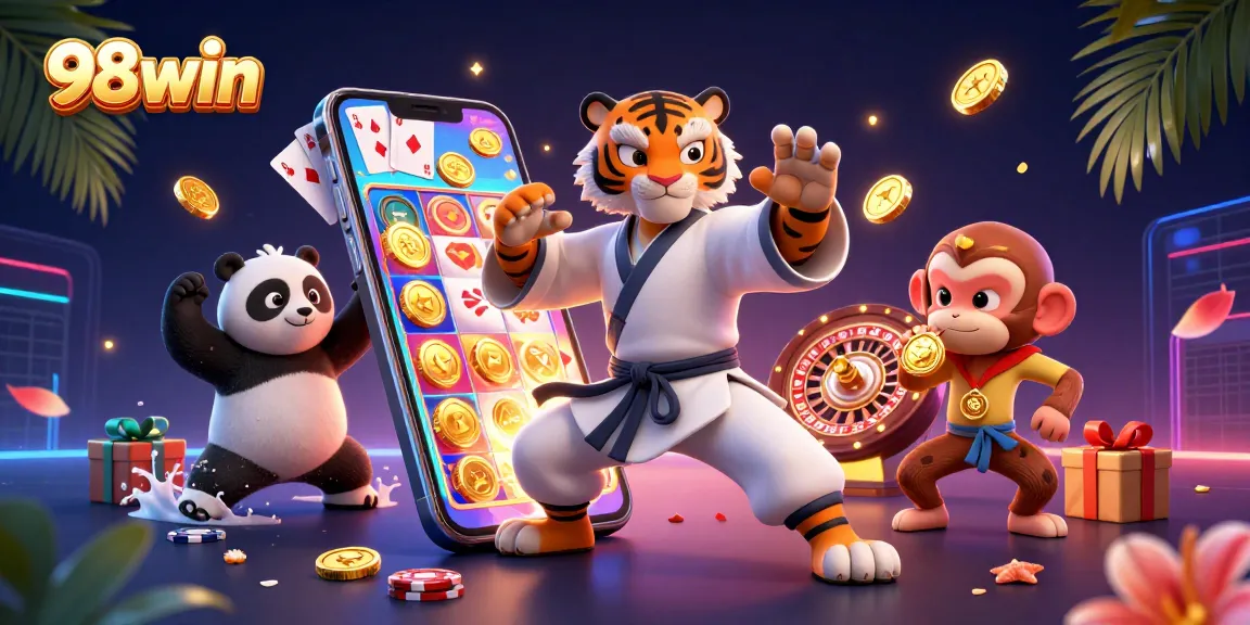 Engage in thrilling gameplay with 98win, as a kung fu tiger and friends bring excitement to the casino!